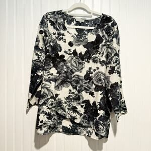 Habitat Black Ivory Floral Blouse Tulip Hem Lagenlook Size Small